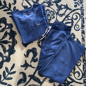 Figs Denim Blue Catarina scrub top and Basic Livingston scrub bottoms